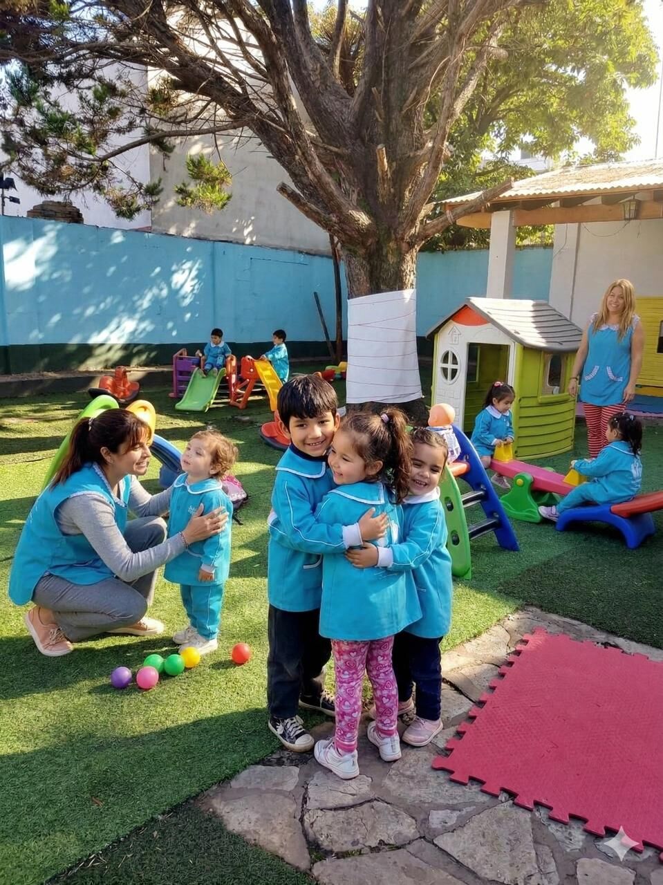 Niños y docentes compartiendo un momento de juego en el patio de Primeros Pasos